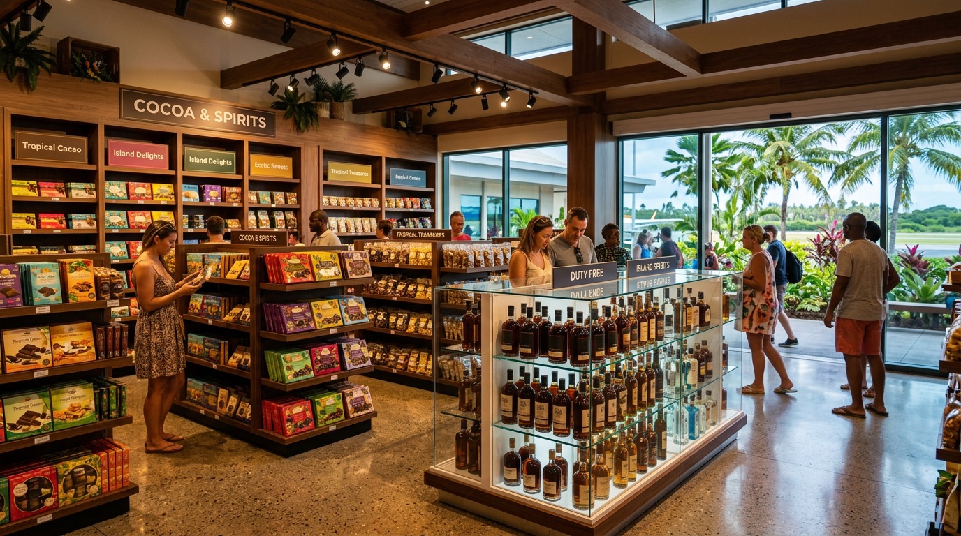 Illustrative duty-free retail interior with chocolates and spirits on shelves, evocative of Langkawi shopping
