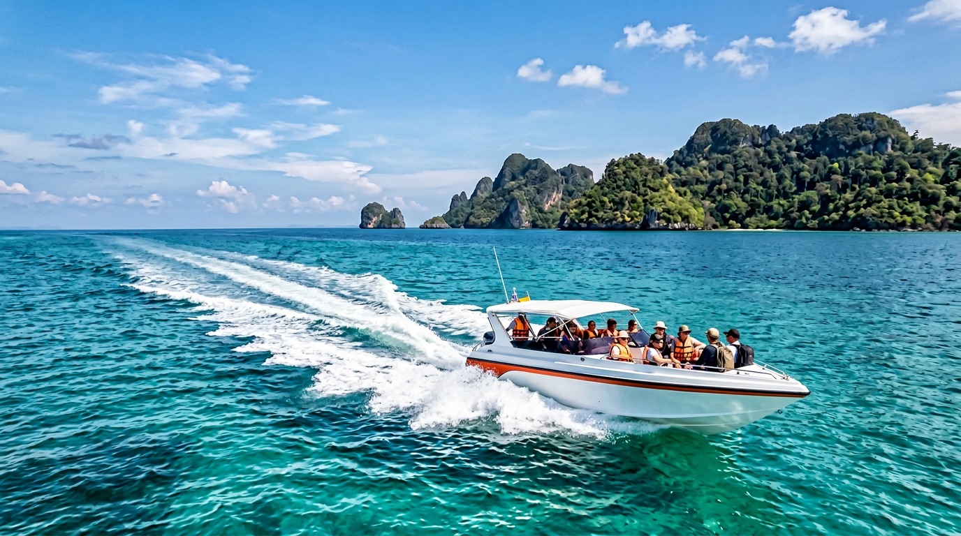 Illustrative speedboat on turquoise sea toward islands, Andaman crossing mood