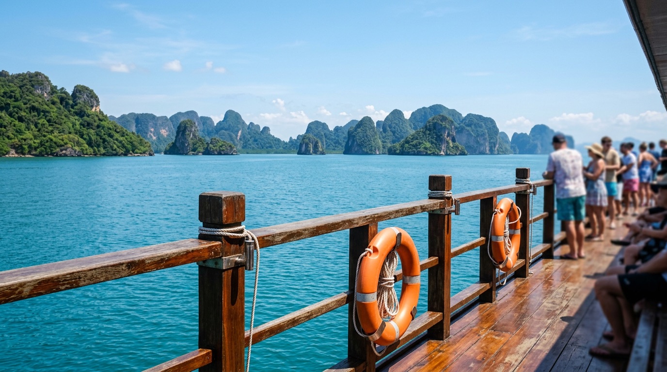 Illustrative ferry deck view toward sea and islets, Andaman crossing mood