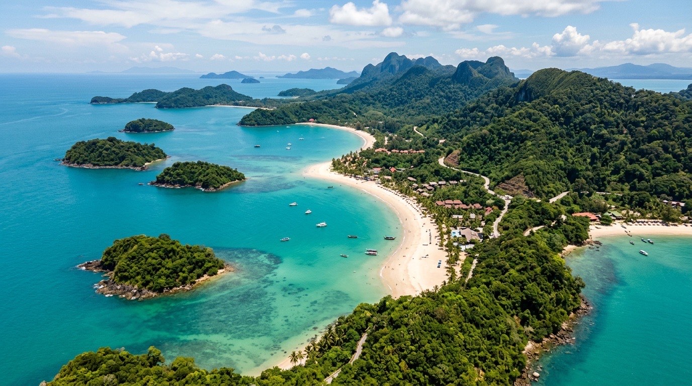 Illustrative aerial-style view of tropical coastline and bays, evocative of Langkawi