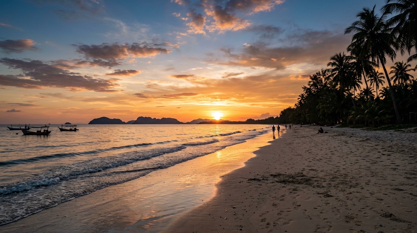 Illustrative wide sandy beach at golden hour facing sunset, evocative of Langkawi southwest coast
