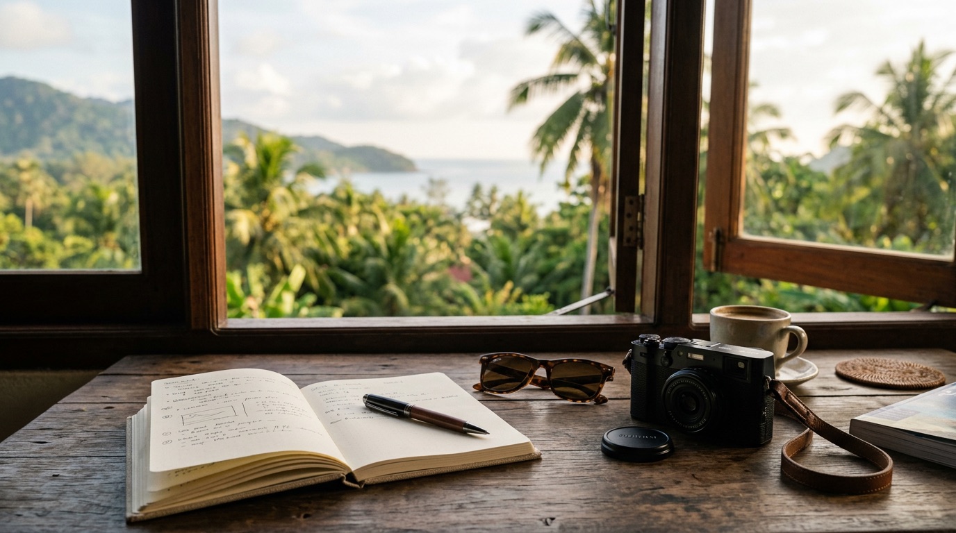 Illustrative travel planning scene with notebook, evocative of Langkawi trip prep