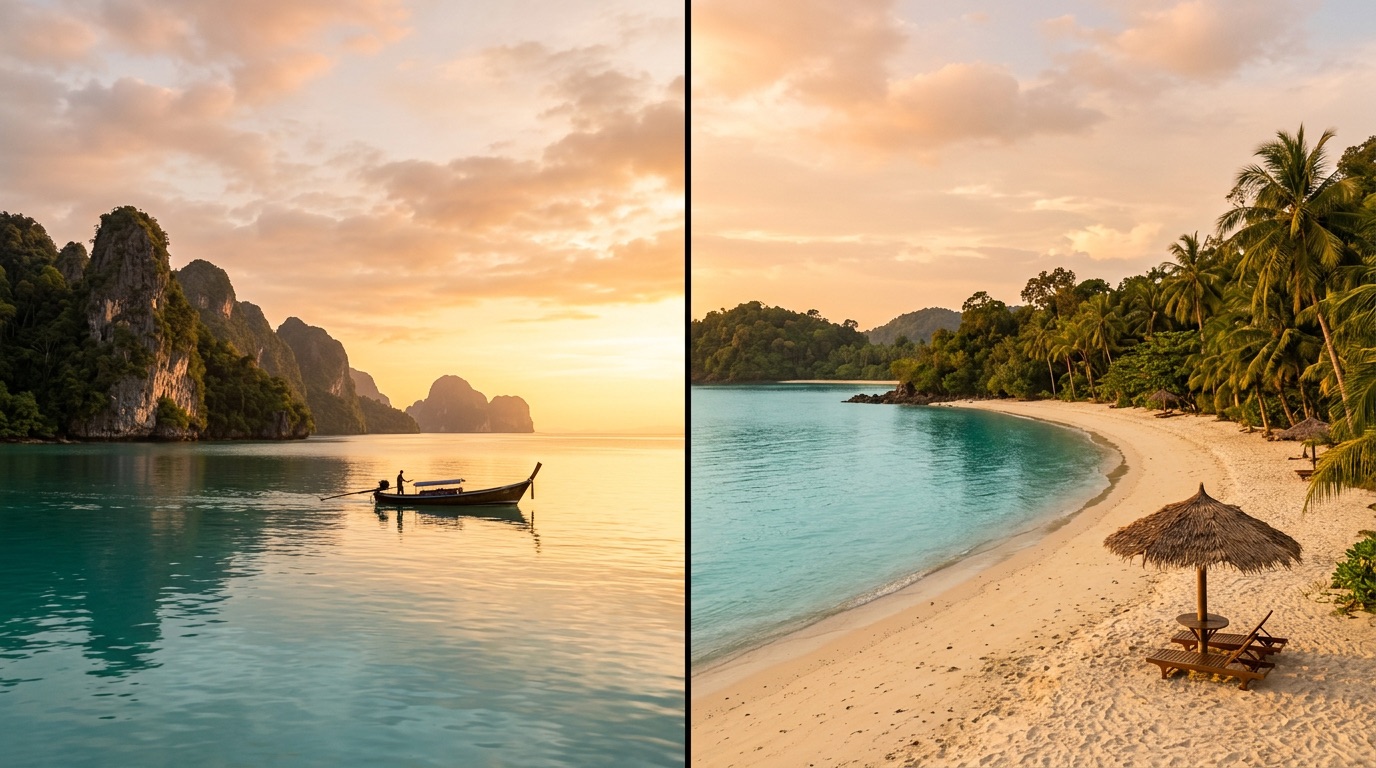 Illustrative karst islands and calm beach, evocative of Langkawi nature and coast