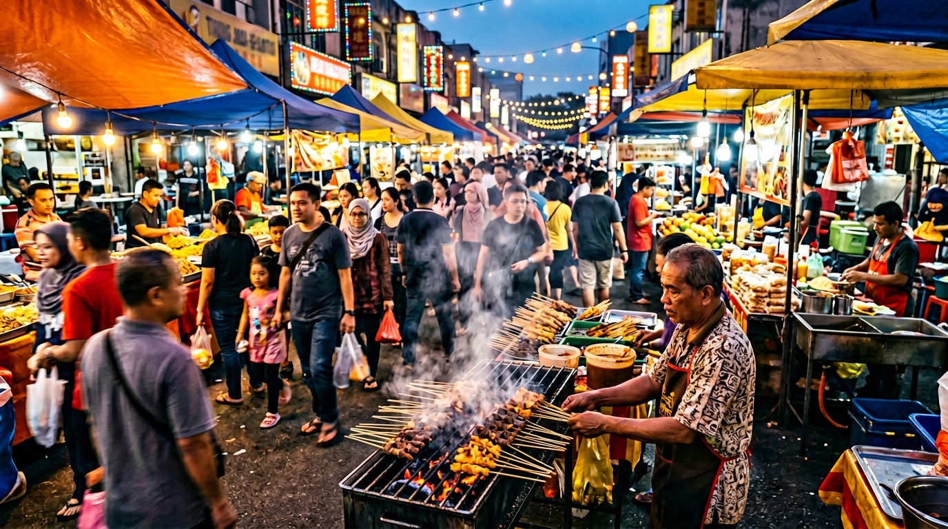 Illustrative night market stalls and grills, pasar malam mood