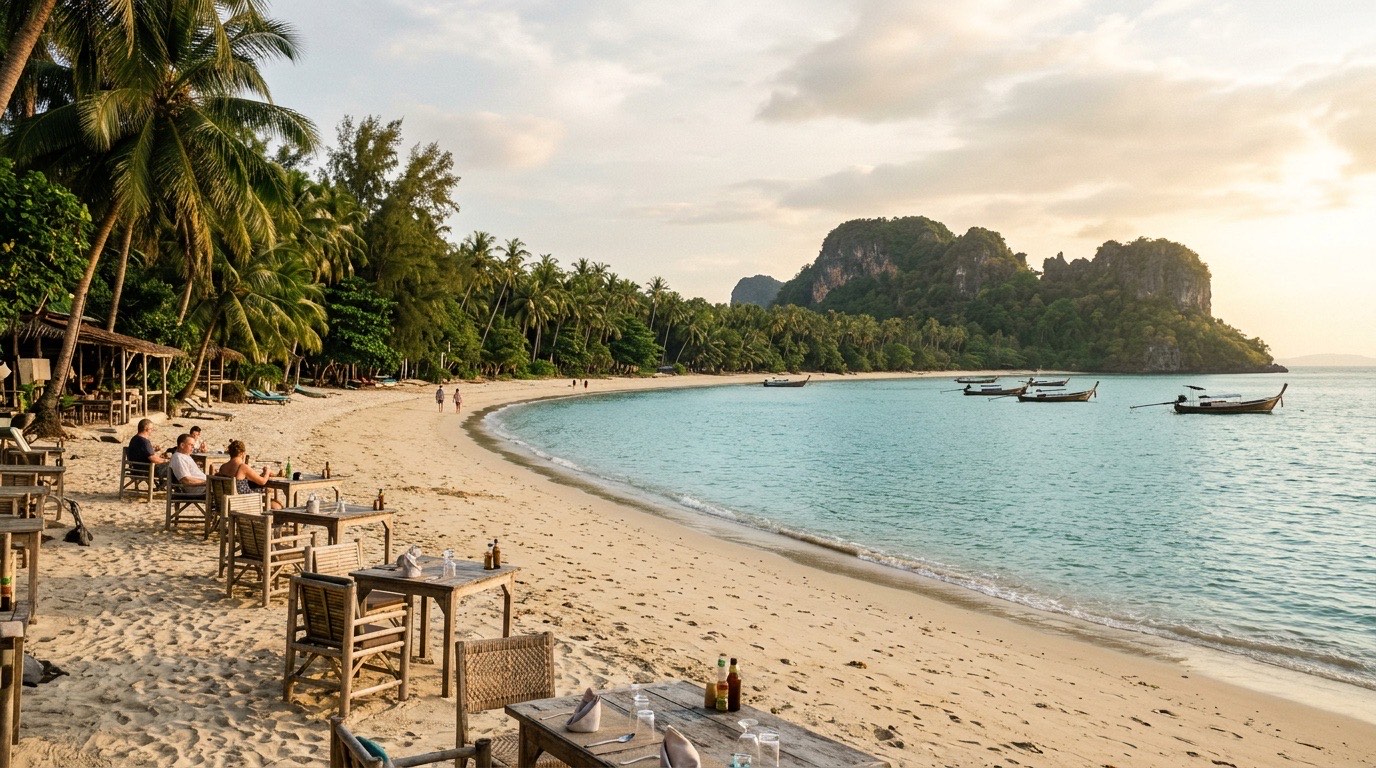 Illustrative curved quiet tropical shoreline with palms, evocative of Langkawi southwest coast