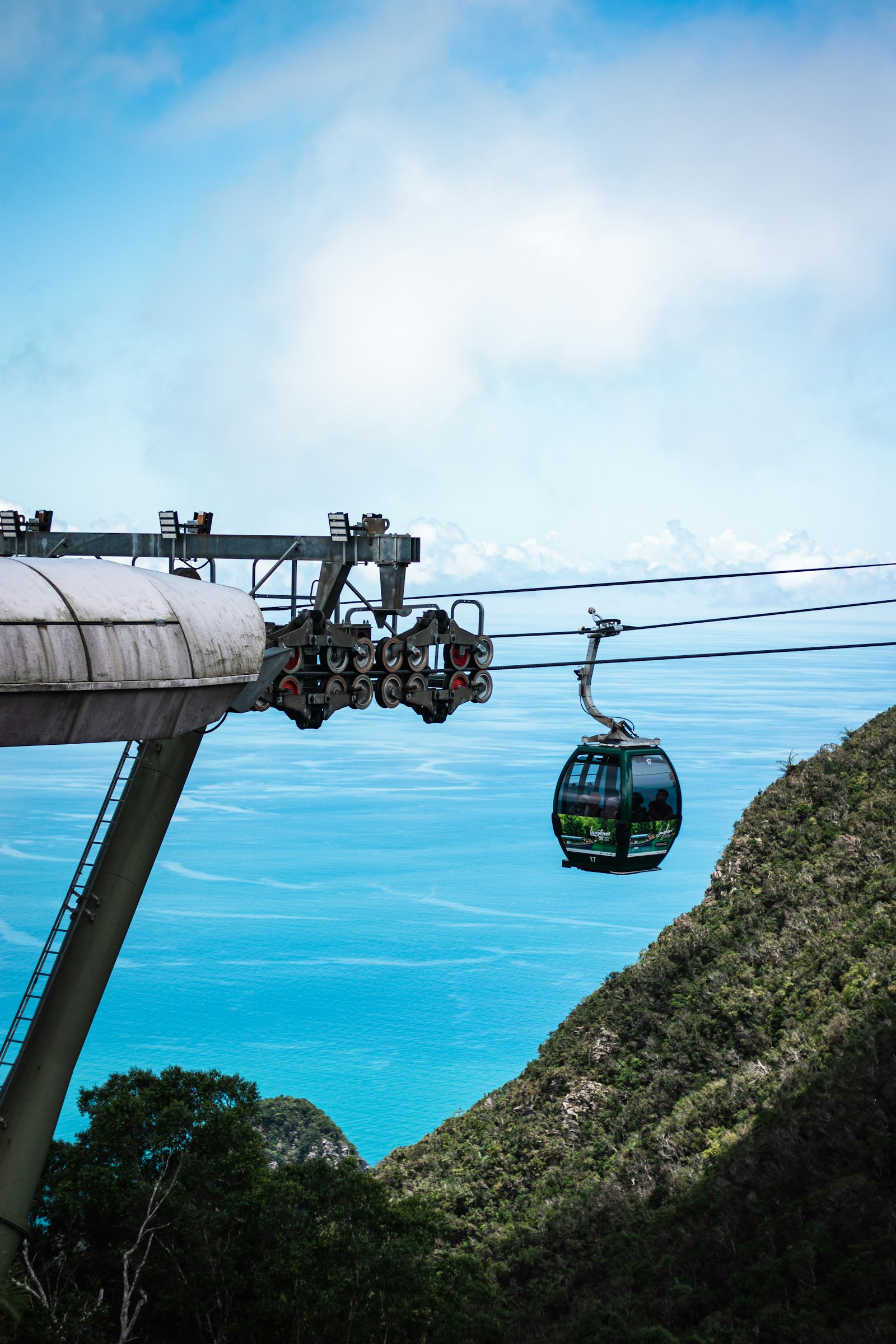 Cable car ascending with sea visible in the distance, Langkawi