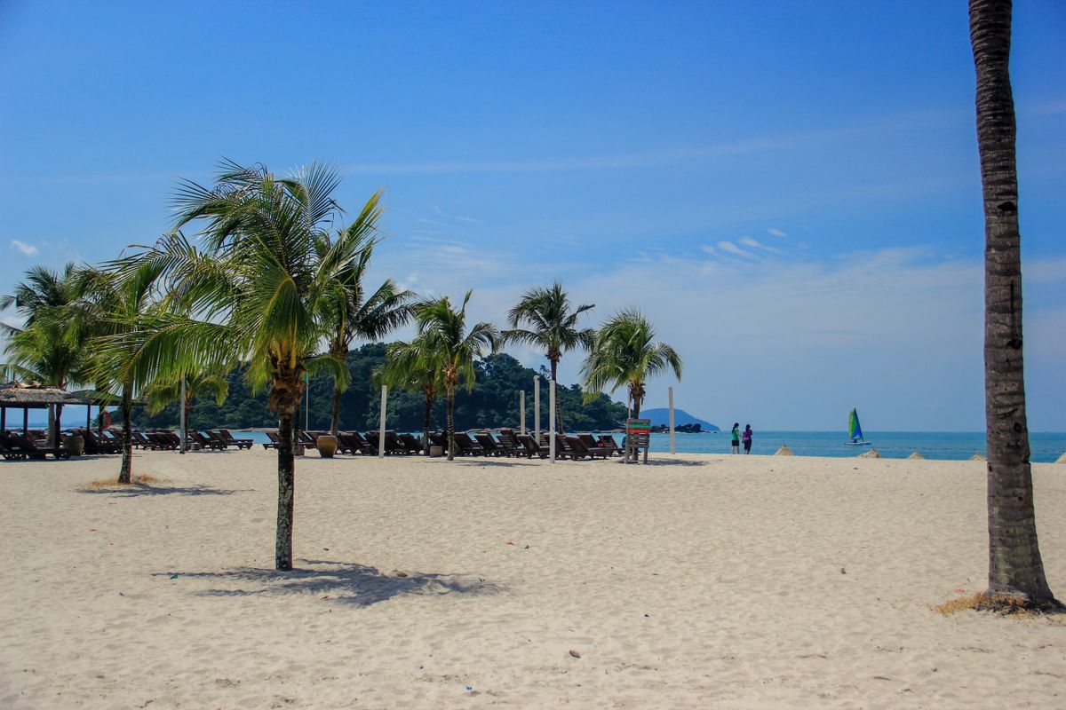 Bright midday sun over a palm-lined Langkawi beach